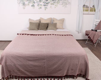 Beach Blanket, Couch Throw, Burgundy-White Throw, Heart Design  Throw, 75x87 Inches Blanket, Turkish Throw, Curtain Blanket,