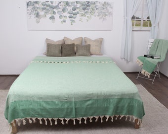 Bedcover, Couch Throw, Green Blanket, Diamond Throw, 79x91 Inches Bohemian Bedspread, Decor Throw, Warm Blanket, Designer Throw,