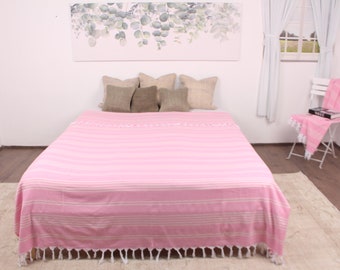 Handwoven Blanket, Sofa Blanket, Pink Blanket, Striped Blanket, 71x95 Inches Cotton Bed Cover, Decorative Blanket, Camping Throw,