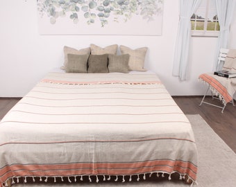 Large Towel, Sofa Blanket, Orange Throw, Striped Blanket, 95x103 Inches Linen Blanket, Cotton Bed Cover, Bedding Blanket, Beach Throw,