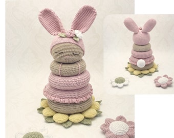 Crochet pattern Bunny Stacking toy, English US Terms, Français & Swedish