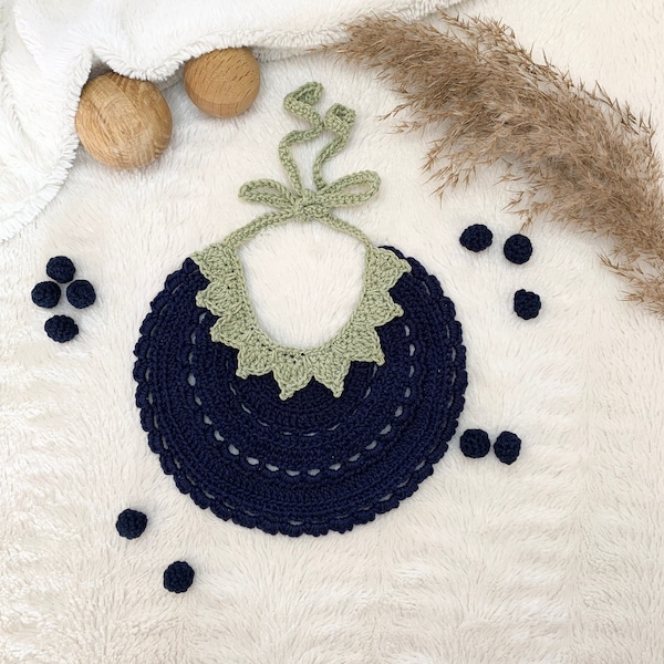 Crochet pattern cute Blueberry baby BIB, English US Terms & Swedish