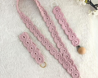 Crochet pattern 3 in 1 Lanyard, Wristlet and Pacifier holder Aster, English US Terms & Swedish