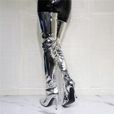 Silver Patent Leather Thigh High Stiletto Heel Unisex Boots - Etsy