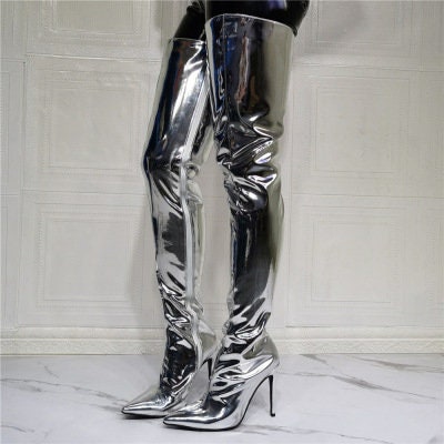 Silver Patent Leather Thigh High Stiletto Heel Unisex Boots - Etsy