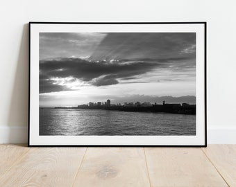 San Juan Puerto Rico cityscape | Black and white digital print | Sunrise coastal wall art