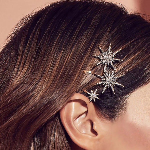 Lot de 2 ou lot de 4 épingles à cheveux étoiles | Épingle à cheveux de mariage dorée | Accessoires cheveux célestes | Épingles à cheveux de mariée Starburst | Épingles à cheveux galaxie