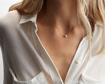 Gold Pearl Layering Chain | Thin Choker Necklace | Dainty Minimal Necklace | Bridesmaid Jewelry | Simple Pearl Chain | Bridal Necklace |Gift