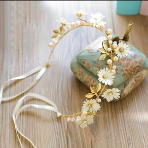 Whimsical Forest Headpiece | Bridal Flower Headband | Gold Vine Leafs, Pearl, Flower Crown Tiara | Bridal Wreaths | Boho Floral Unique Hair