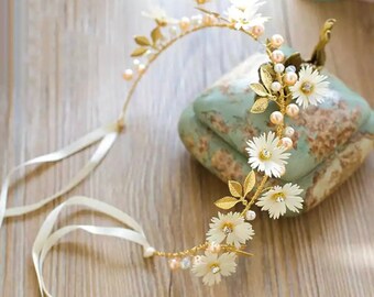 Whimsical Forest Headpiece | Bridal Flower Headband | Gold Vine Leafs, Pearl, Flower Crown Tiara | Bridal Wreaths | Boho Floral Unique Hair