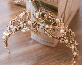 Vintage Gold Pearl Tiara | Whimsical Fairy Crown | Bridal Gold Floral Tiara | Dark Brass Bridal Headpiece | Prom, Wedding, Costume Crown