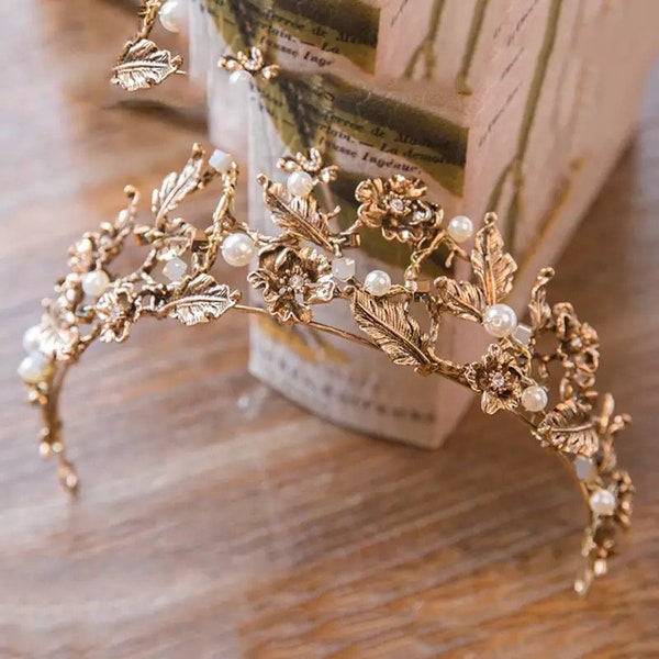 Vintage Gold Pearl Tiara | Whimsical Fairy Crown | Bridal Gold Floral Tiara | Dark Brass Bridal Headpiece | Prom, Wedding, Costume Crown