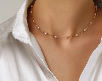 Gold Pearl Layering Chain | Thin Choker Necklace | Dainty Minimal Necklace | Bridesmaid Jewelry | Simple Pearl Chain | Bridal Necklace |Gift