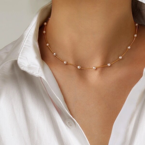 Gold Pearl Layering Chain | Thin Choker Necklace | Dainty Minimal Necklace | Bridesmaid Jewelry | Simple Pearl Chain | Bridal Necklace |Gift