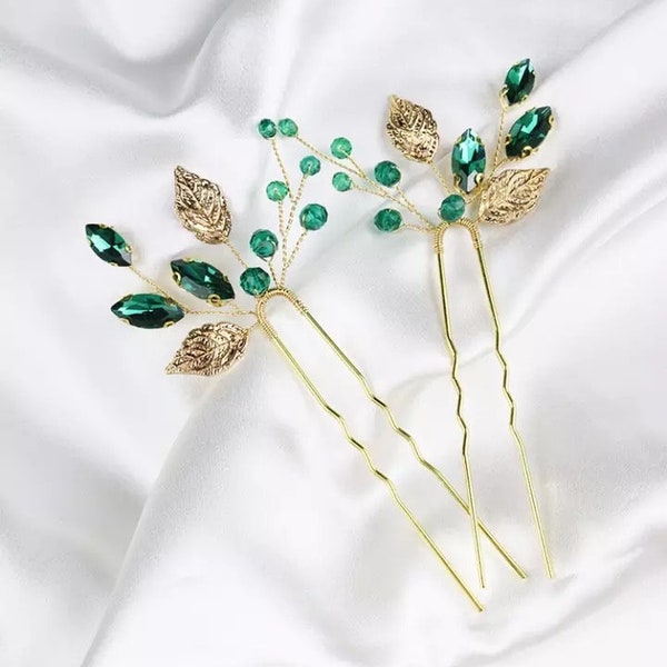 Gold Leaf Emerald Hair  Pins | Green Gem Wedding Pins | Forest Wedding Hairpiece | Bridal, Bridesmaids, Mother of Bride Wedding Hair Pin