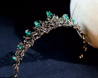 Vintage Gold Emerald Bridal Tiara | Dark Green Wedding Crown | Bridal Headpiece | Winter Wedding | Women Party Costume |Christmas Gift Tiara