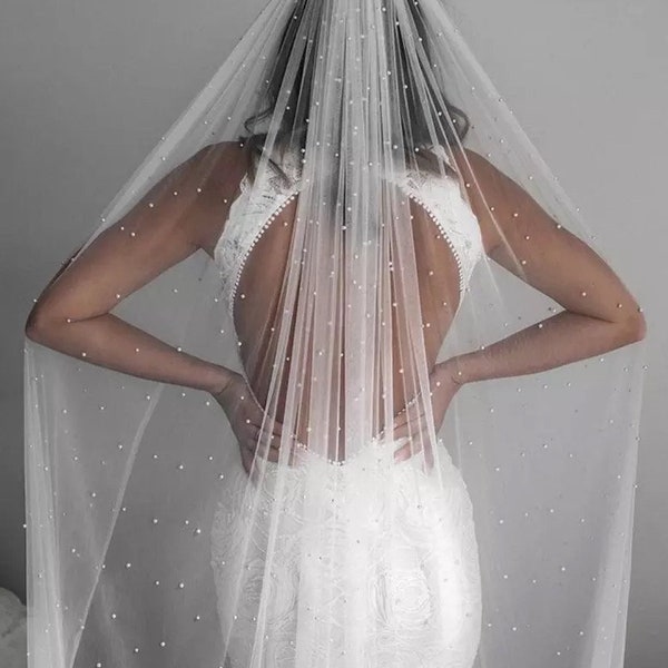 Same Day Shipping | Pearl Wedding Veil | Scattered Pearl Lace Bridal Veil | Fingertip, Chapel Veil with Comb | Modern Simple Veil