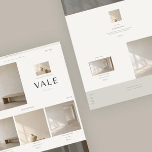 May include: Two angled views of a website layout for Studio Vale featuring a clean white background, black sans-serif typography, and multiple rectangular image placeholders displaying interior spaces with beige walls and wooden furniture.