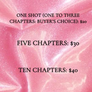May include: Pink and white graphic with the text "FANFICTION COMMISSIONS!" and pricing information for one-shot, five-chapter, and ten-chapter commissions.