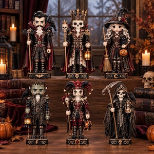 May include: A set of six decorative nutcracker figurines featuring a vampire, a skeleton king, a witch, a monster, a jester, and a grim reaper. Each figure is dressed in detailed dark clothing and holds themed accessories like lanterns, staffs, and a scythe, standing on individual rectangular bases.