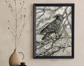 Gothic Corvid Artwork/Dark Goddess Art Print /Goddess Painting/Moon and Crow Art/ Raven Painting/Black Bird Painting/Gothic Bird Art