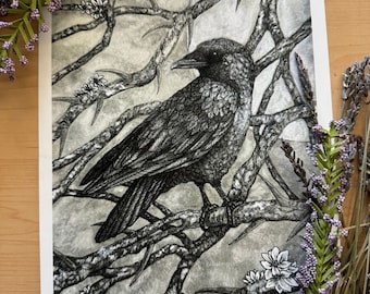 Raven Moon Watercolor Art Print, Moody Gothic Wall Decor by Nocturnal Veil Art