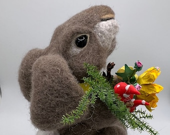 Needle Felted Bunny Rabbit Character with a Spring theme floral posy; A Easter table centre decoration