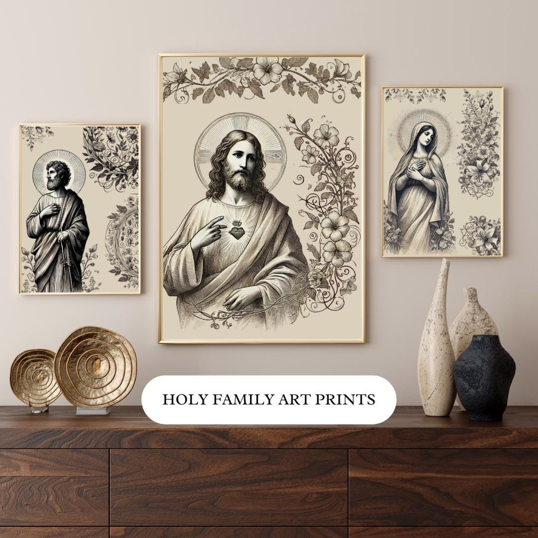 Vintage Holy Family Line Art Print Set: Catholic Home Decor (digital ...