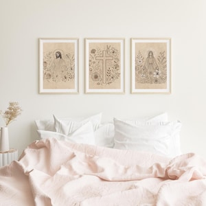 3 Piece Catholic Art Wall Decor Prints Download | Jesus - Mary - Cross | Modern Boho Line Art Religious Home Decor