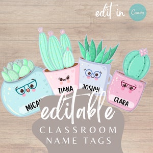 Editable Classroom Name Tags | Succulent Tags for Cubby Nametag | Spring Classroom Tags Summer Coat Hanger Cubbies Classroom Labels