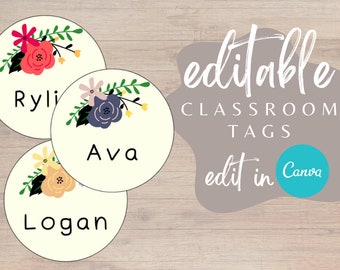 Bewerkbare naamlabels met bloemen in de klas: Cubby, rugzak (digitale download)