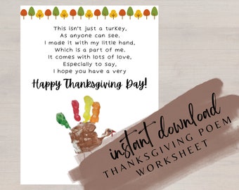 May include: Thanksgiving-themed printable worksheet with a poem and a handprint turkey. The text reads "Happy Thanksgiving Day!" and "instant download THANKSGIVING POEM WORKSHEET". The top border features colorful autumn trees.