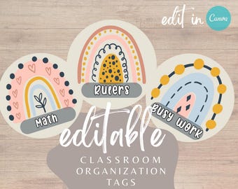 Boho-regenbooglabels in de klas | Afdrukbaar, aanpasbaar in canva (digitale download)