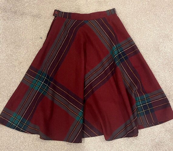 Vintage 1970s Red Plaid Wool Midi Circle Skirt - image 1