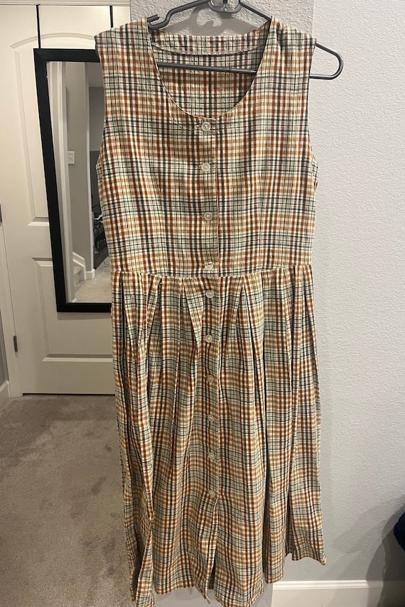 Vintage Orange Plaid Cotton Pinafore Casual Day Dr