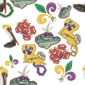Könnte beinhalten: Ein nahtloses Muster mit verschiedenen Mardi Gras-Elementen, darunter ein Pelikan, ein Alligator, Krabben, Fleur-de-lis, Perlen und der Bundesstaat Louisiana. Die Farben sind leuchtend und umfassen Gold, Lila, Grün, Rot und Weiß.