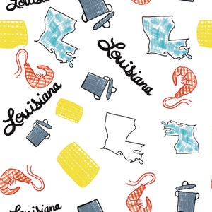 May include: A seamless pattern featuring a blue and white outline of the state of Louisiana, a red shrimp, a yellow corn cob, and a gray pot with a lid. The word "Louisiana" is written in black cursive script.