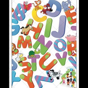 May include: A framed alphabet poster featuring colorful letters with animal illustrations. The letters are in various colors and patterns, with animals like a butterfly, cat, dog, horse, elephant, pig, sheep, turtle, and zebra. Children are also depicted.