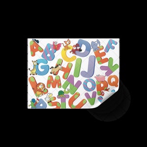 May include: Colorful alphabet letters with animal illustrations. Each letter is a different color and features a cartoon animal, such as a giraffe, lion, and pig. The letters are on a white background with a grid pattern.