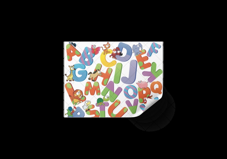 May include: Colorful alphabet letters with animal illustrations. Each letter is a different color and features a cartoon animal, such as a giraffe, lion, and pig. The letters are on a white background with a grid pattern.