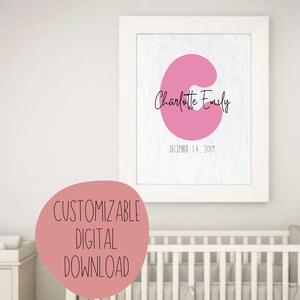 CUSTOM initial name birthdate print, boho minimalist neutral nursery, customized baby name sign, custom baby name poster, custom sign