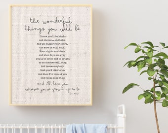 May include: A framed print with a white background and black text. The text reads "the wonderful things you will be" and includes a poem about growing up and being kind, brave, and bright. The poem is attributed to E.V.  Martin.