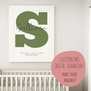 CUSTOM initial name birthdate print, boho minimalist neutral nursery, customized baby name sign, custom baby name poster, custom sign