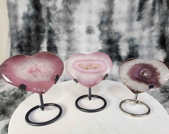 Pink Agate Crystal Heart Carvings, Pink Agate Hearts, Pink Agate Carvings, Purple Agate Carvings, Purple And Pink Agate Hearts