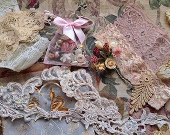Embellishments kit over 50 pieces of fabric applique lace flowers kit in gold tones
