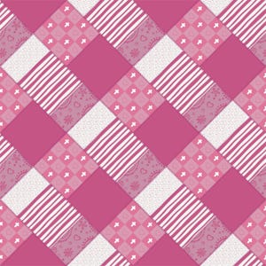 May include: A seamless pattern featuring a patchwork design in shades of pink and white. The pattern includes diagonal squares with stripes, hearts, floral, and cross motifs. The design is suitable for fabric or wallpaper.