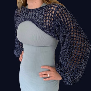 Cute Handmade Crocheted Velvet Bolero Puff Sleeves Sweater Top