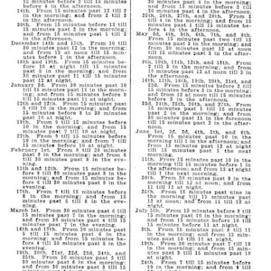 May include: A black and white page from a book titled "Book of Forbidden Knowledge" with a list of dates and times. The text describes specific times of the day and night when certain events or actions should be avoided.