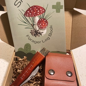 May include: A brown cardboard box with a green and white illustrated book titled "Shroom Forager Log Book" and a brown leather pouch with a small red handled knife and a brush inside.