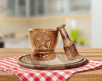 Wooden Pentagram Mortar and Pestle Set: Witchy Herb Grinder